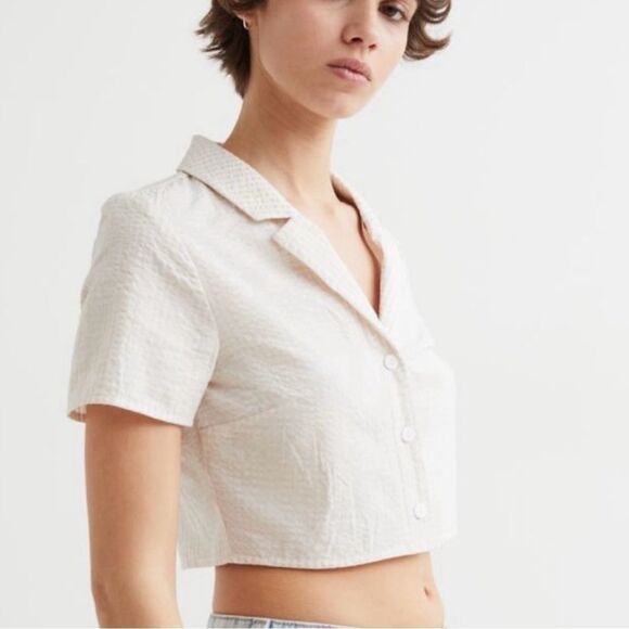 H&M Seersucker Cream Cropped Button-Up Top XS - Picture 1 of 5